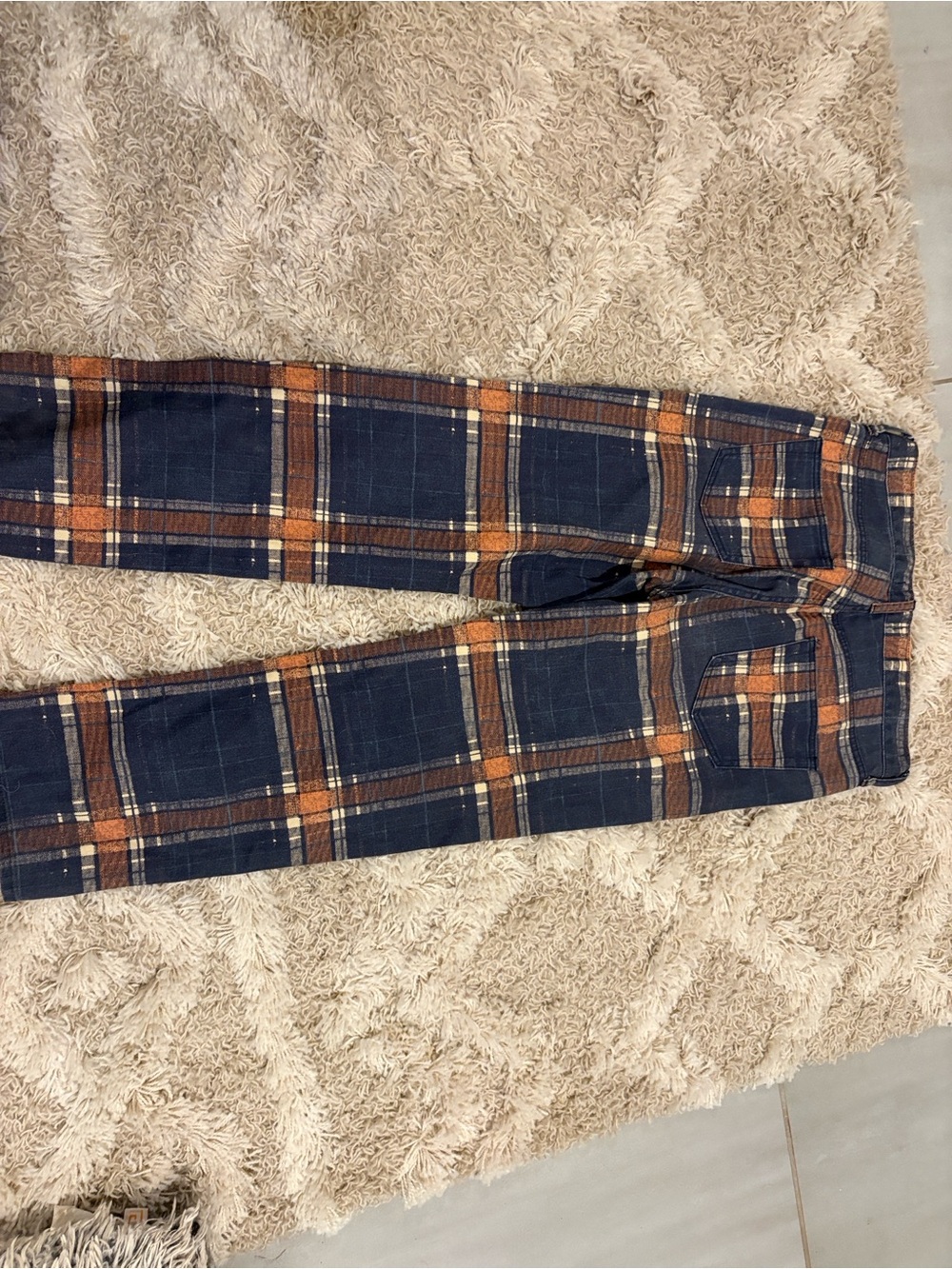 We The Free Navy Plaid Skinny Jeans with Brown and Orange Lines